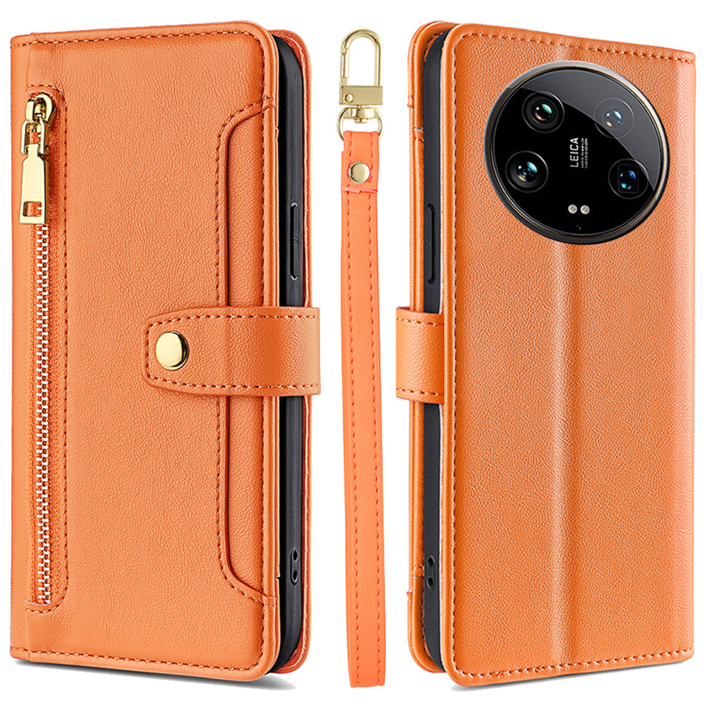 For Xiaomi 14 Ultra Case Zipper Pocket PU Leather Phone Cover Wallet with 2 Straps - Orange