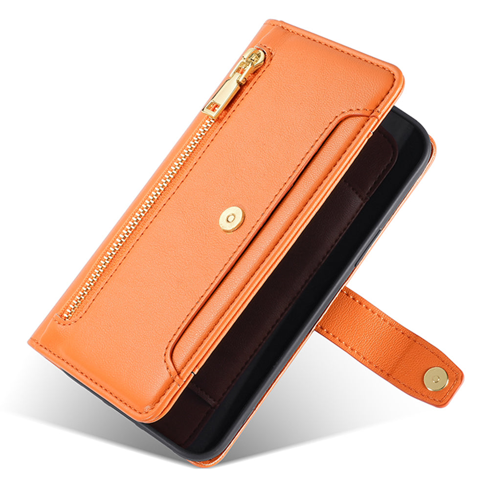 For Xiaomi 14 Ultra Case Zipper Pocket PU Leather Phone Cover Wallet with 2 Straps - Orange