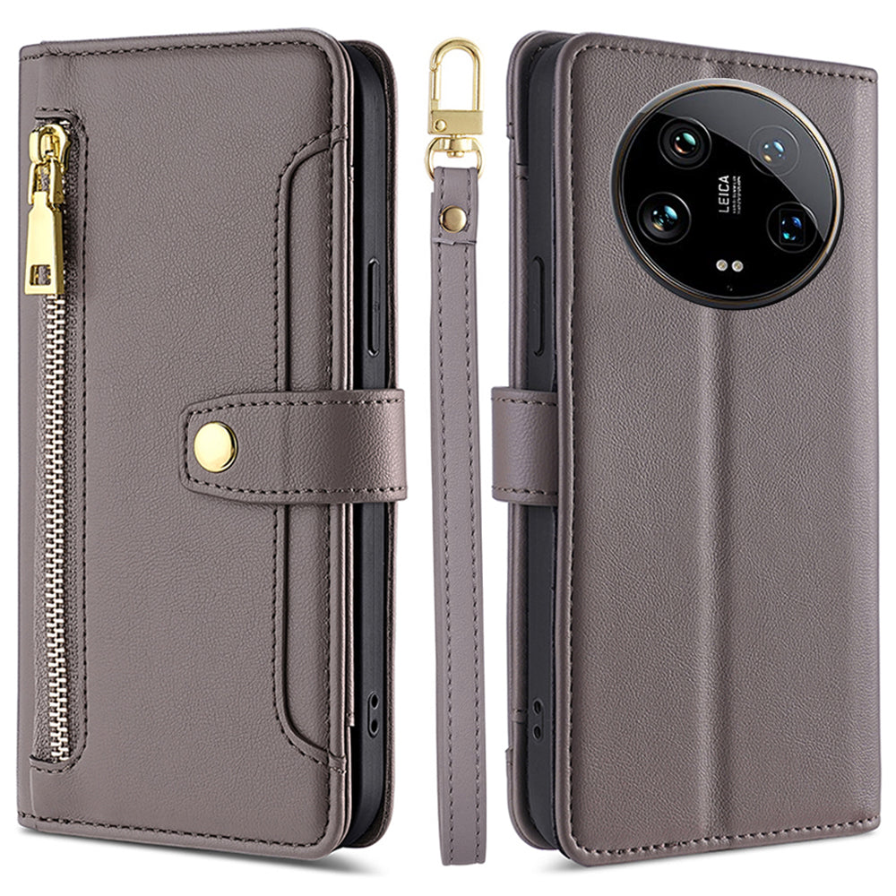 For Xiaomi 14 Ultra Case Zipper Pocket PU Leather Phone Cover Wallet with 2 Straps - Grey