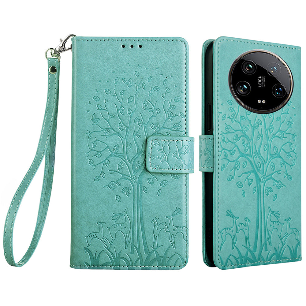 For Xiaomi 14 Ultra Case Tree Imprinted Wallet Stand Leather Phone Cover - Green