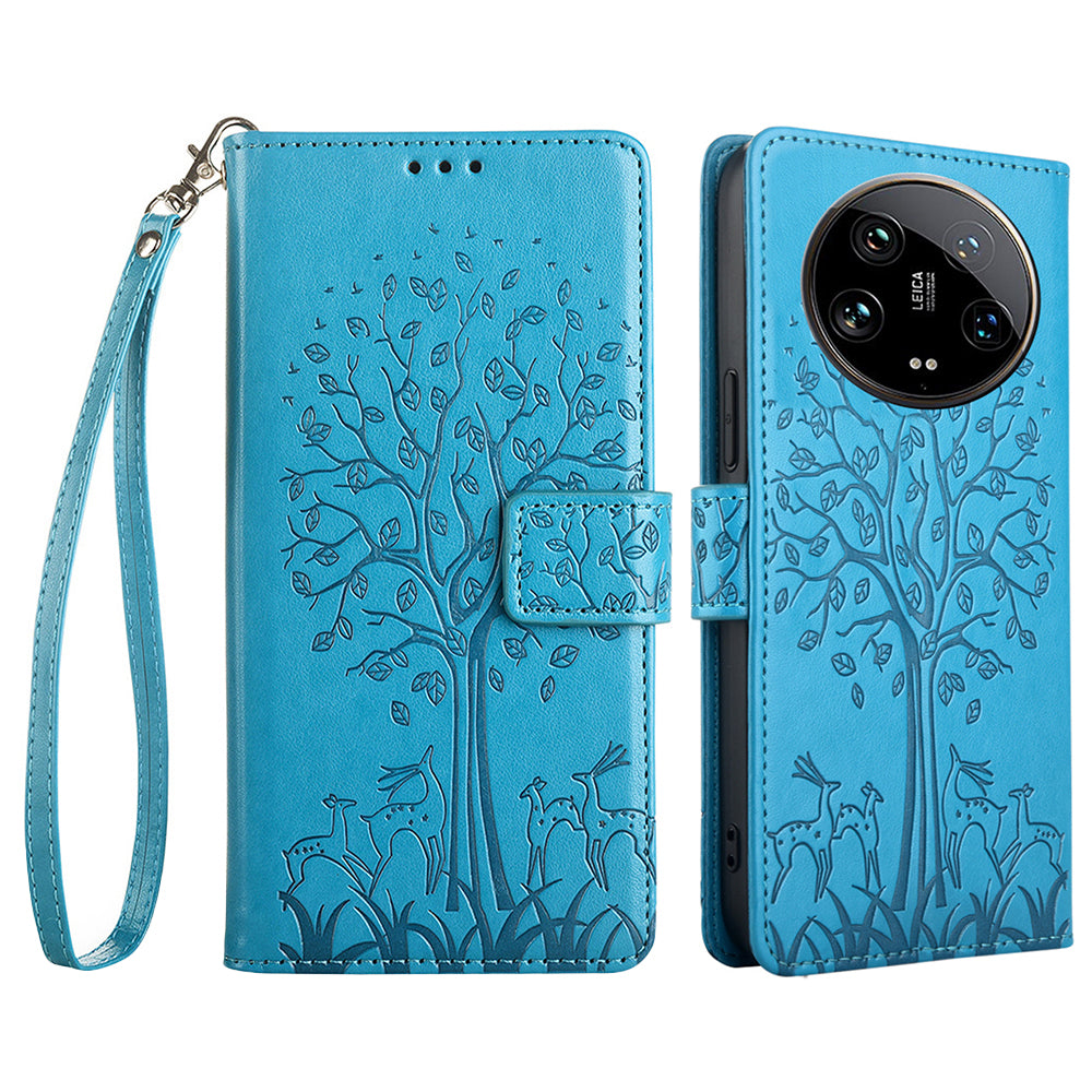 For Xiaomi 14 Ultra Case Tree Imprinted Wallet Stand Leather Phone Cover - Blue