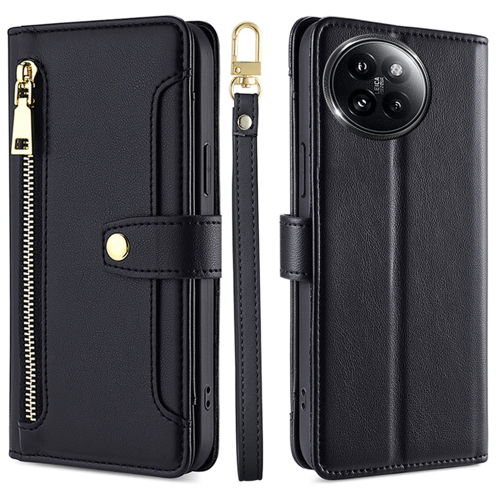 For Xiaomi Civi 4 Pro 5G Zipper Pocket Cell Phone Case Wallet Leather Cover with 2 Straps - Black