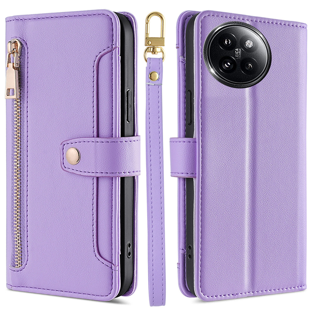 For Xiaomi Civi 4 Pro 5G Zipper Pocket Cell Phone Case Wallet Leather Cover with 2 Straps - Purple