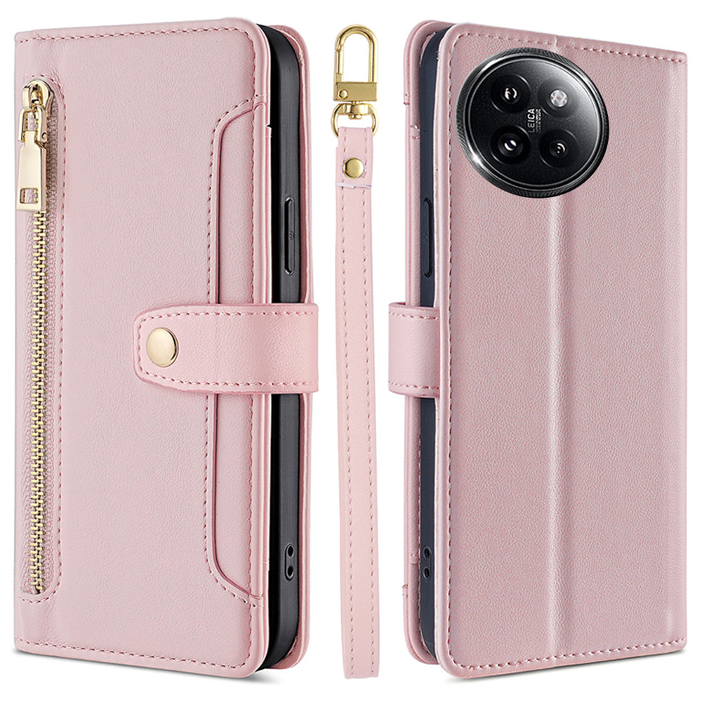 For Xiaomi Civi 4 Pro 5G Zipper Pocket Cell Phone Case Wallet Leather Cover with 2 Straps - Pink