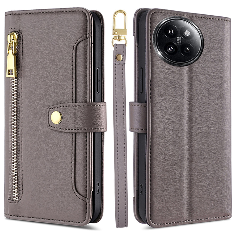 For Xiaomi Civi 4 Pro 5G Zipper Pocket Cell Phone Case Wallet Leather Cover with 2 Straps - Grey