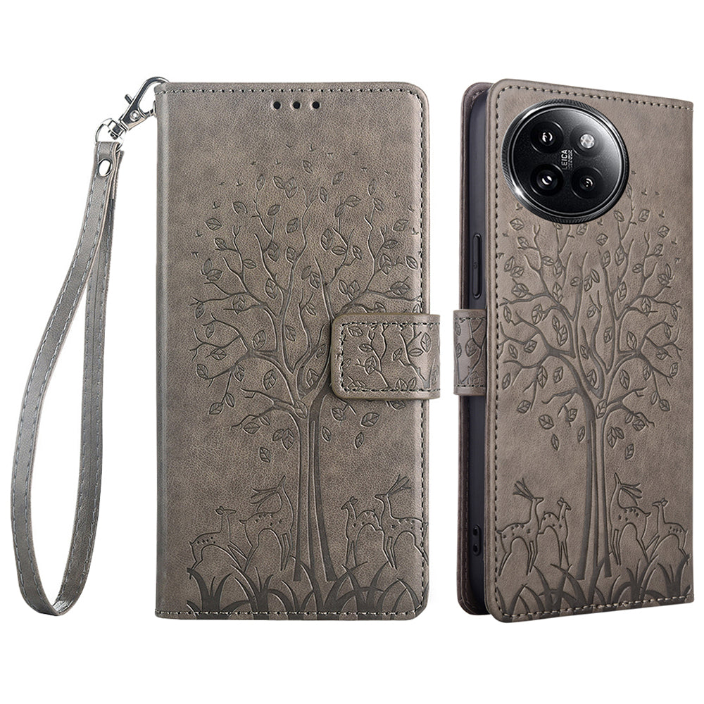 For Xiaomi Civi 4 Pro 5G Leather Case Deer Tree Pattern Wallet Flip Stand Cell Phone Cover - Grey