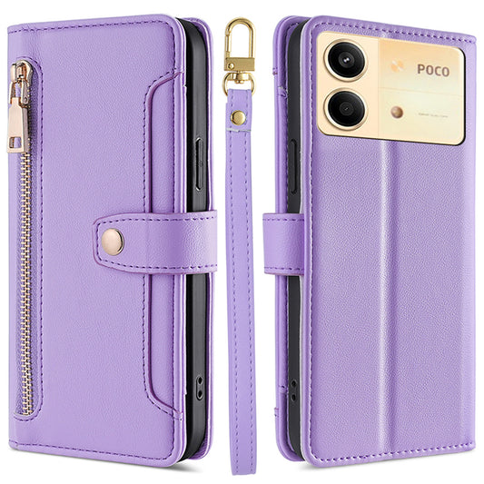 For Xiaomi Redmi Note 13R Pro 5G Case Zipper Pocket Wallet Leather Phone Cover with 2 Straps - Purple