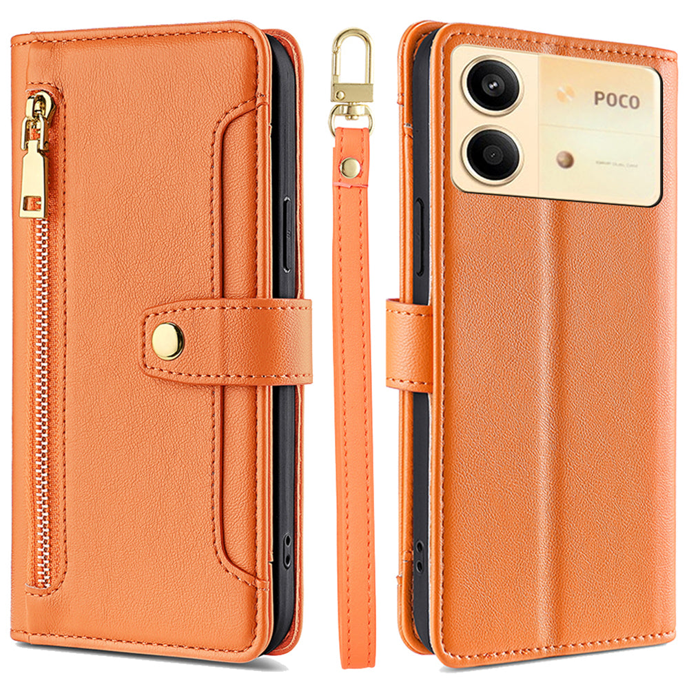 For Xiaomi Redmi Note 13R Pro 5G Case Zipper Pocket Wallet Leather Phone Cover with 2 Straps - Orange