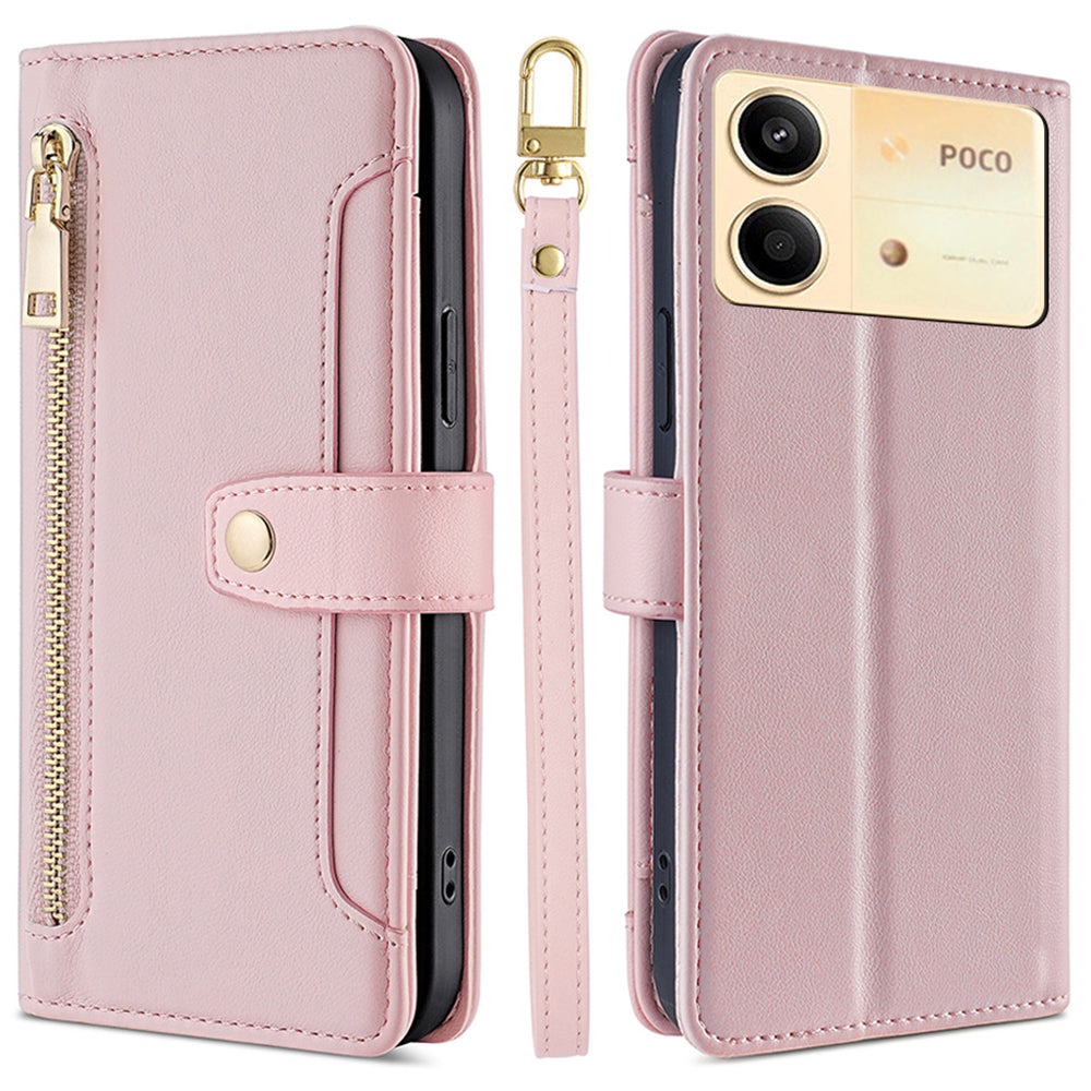 For Xiaomi Redmi Note 13R Pro 5G Case Zipper Pocket Wallet Leather Phone Cover with 2 Straps - Pink