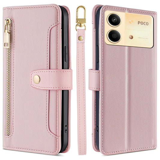 For Xiaomi Redmi Note 13R Pro 5G Case Zipper Pocket Wallet Leather Phone Cover with 2 Straps - Pink
