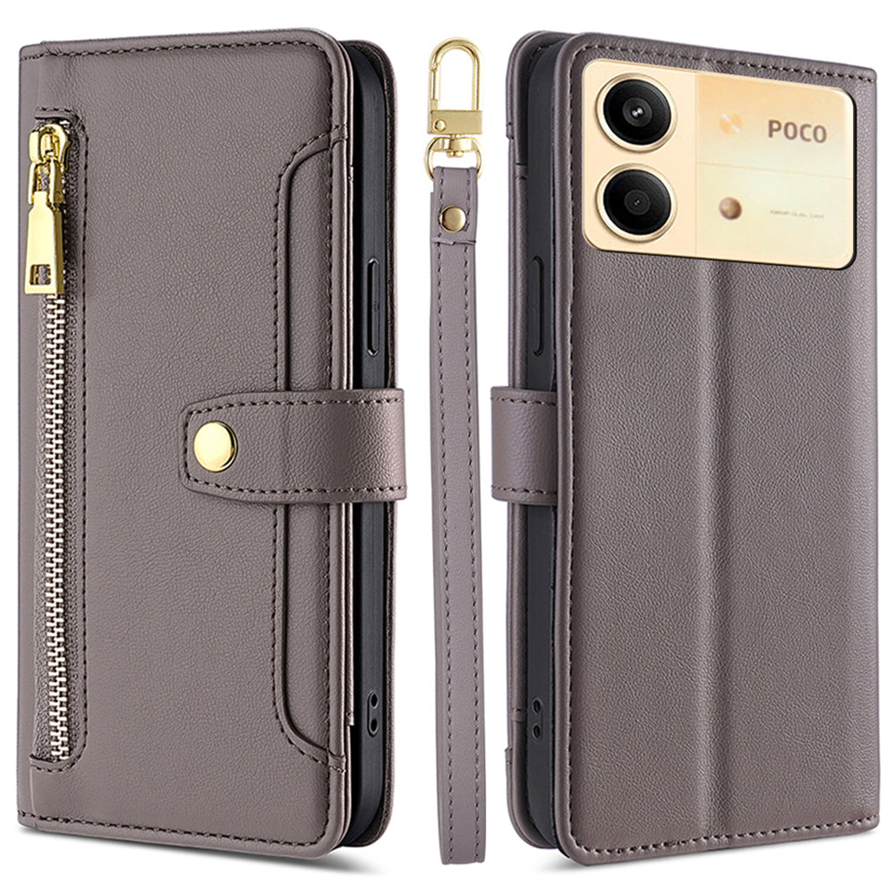 For Xiaomi Redmi Note 13R Pro 5G Case Zipper Pocket Wallet Leather Phone Cover with 2 Straps - Grey