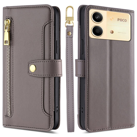 For Xiaomi Redmi Note 13R Pro 5G Case Zipper Pocket Wallet Leather Phone Cover with 2 Straps - Grey