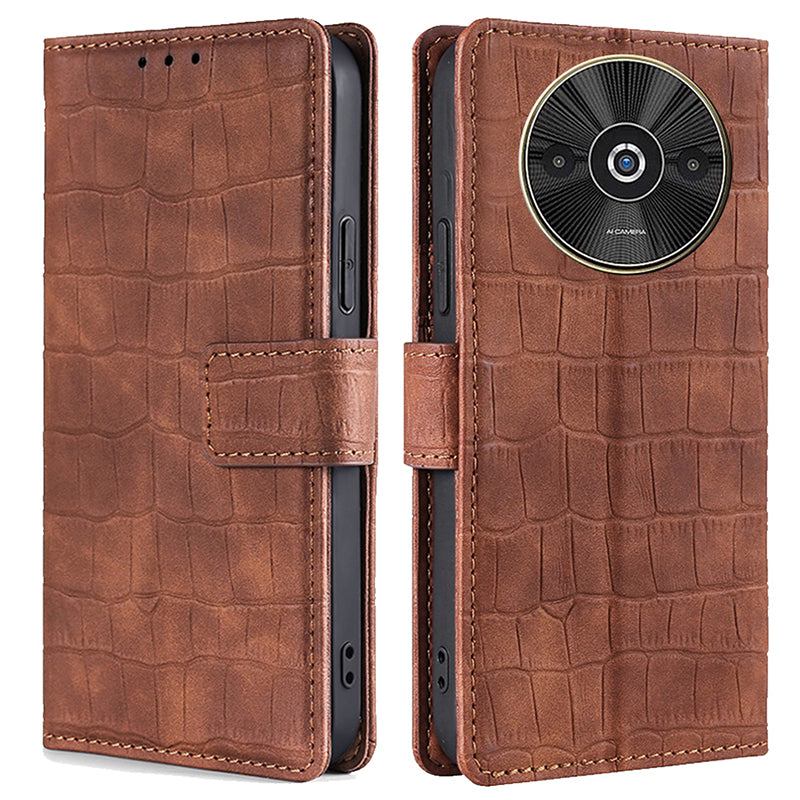 For Xiaomi Redmi A3 / Poco C61 4G Case Crocodile Texture Skin-touch Leather Wallet Phone Cover - Brown