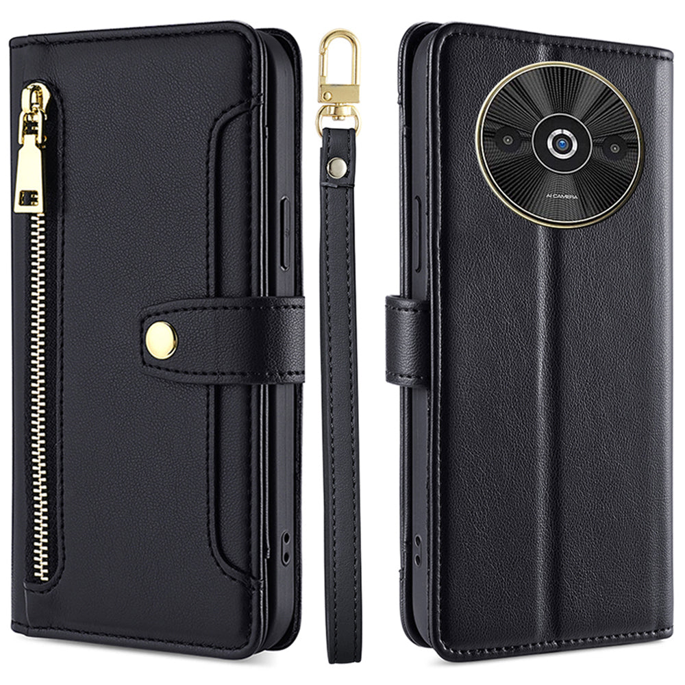 For Xiaomi Redmi A3 / Poco C61 4G Crossbody Phone Case Wallet Zipper Pocket Leather Cover - Black