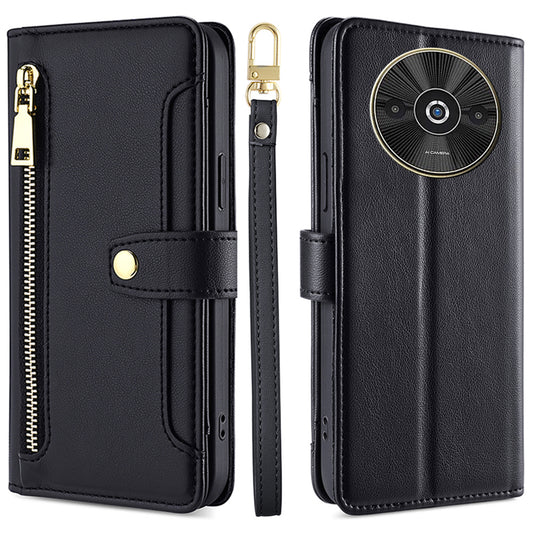 For Xiaomi Redmi A3 / Poco C61 4G Crossbody Phone Case Wallet Zipper Pocket Leather Cover - Black