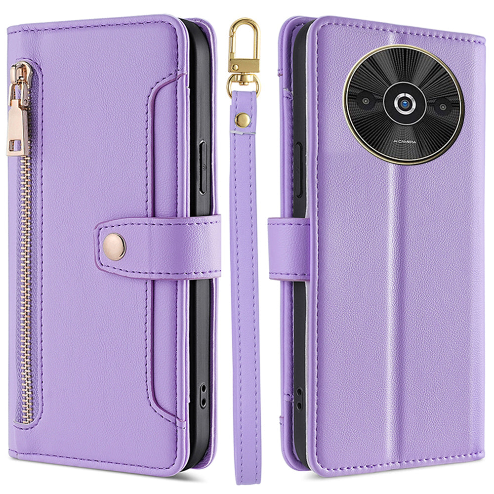 For Xiaomi Redmi A3 / Poco C61 4G Crossbody Phone Case Wallet Zipper Pocket Leather Cover - Purple