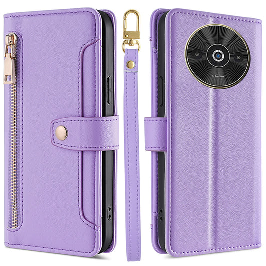 For Xiaomi Redmi A3 / Poco C61 4G Crossbody Phone Case Wallet Zipper Pocket Leather Cover - Purple