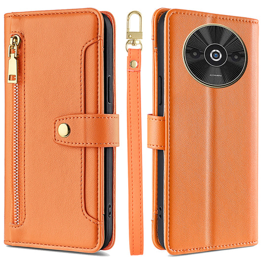 For Xiaomi Redmi A3 / Poco C61 4G Crossbody Phone Case Wallet Zipper Pocket Leather Cover - Orange