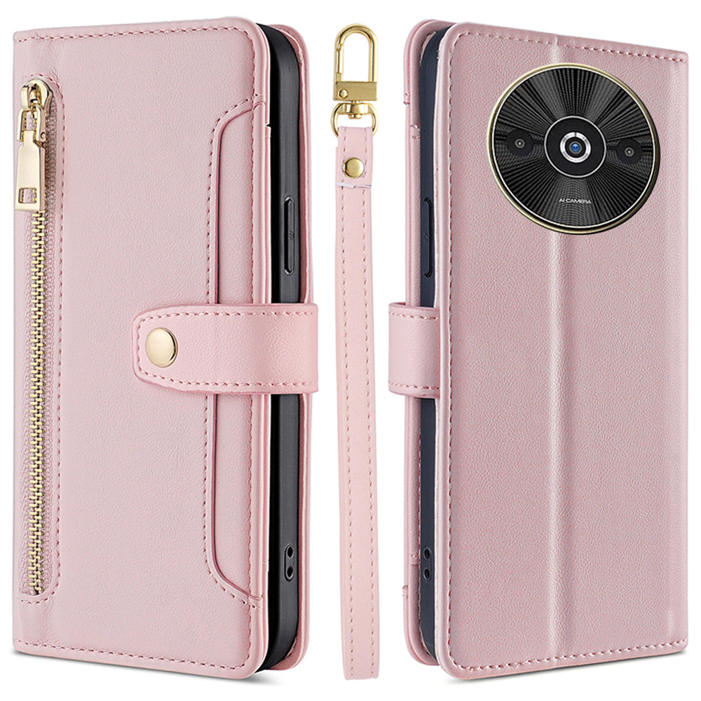 For Xiaomi Redmi A3 / Poco C61 4G Crossbody Phone Case Wallet Zipper Pocket Leather Cover - Pink