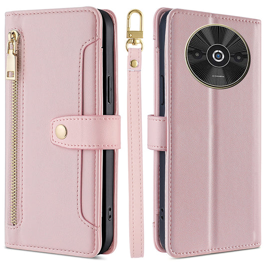 For Xiaomi Redmi A3 / Poco C61 4G Crossbody Phone Case Wallet Zipper Pocket Leather Cover - Pink