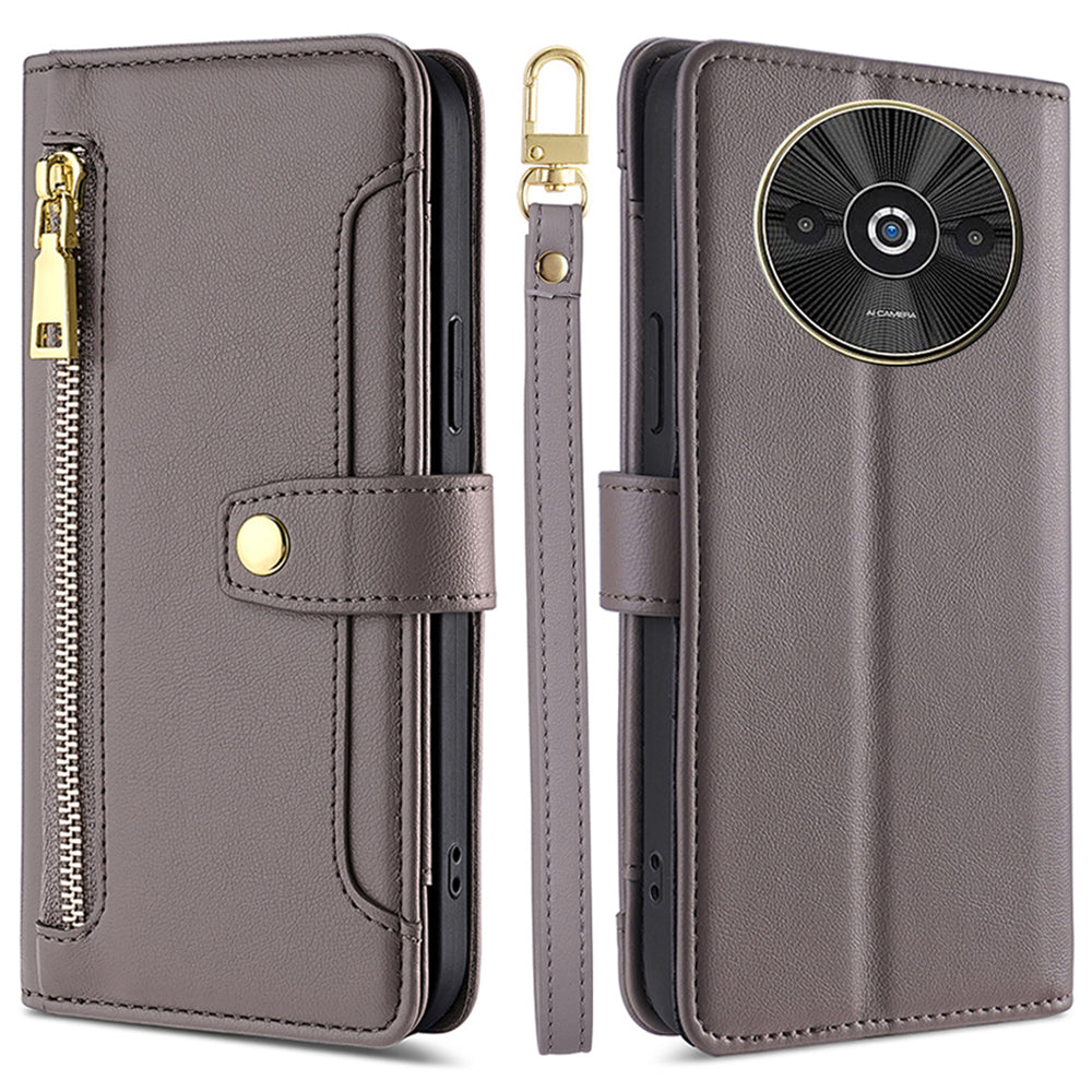 For Xiaomi Redmi A3 / Poco C61 4G Crossbody Phone Case Wallet Zipper Pocket Leather Cover - Grey