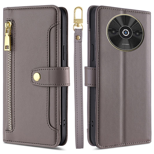For Xiaomi Redmi A3 / Poco C61 4G Crossbody Phone Case Wallet Zipper Pocket Leather Cover - Grey