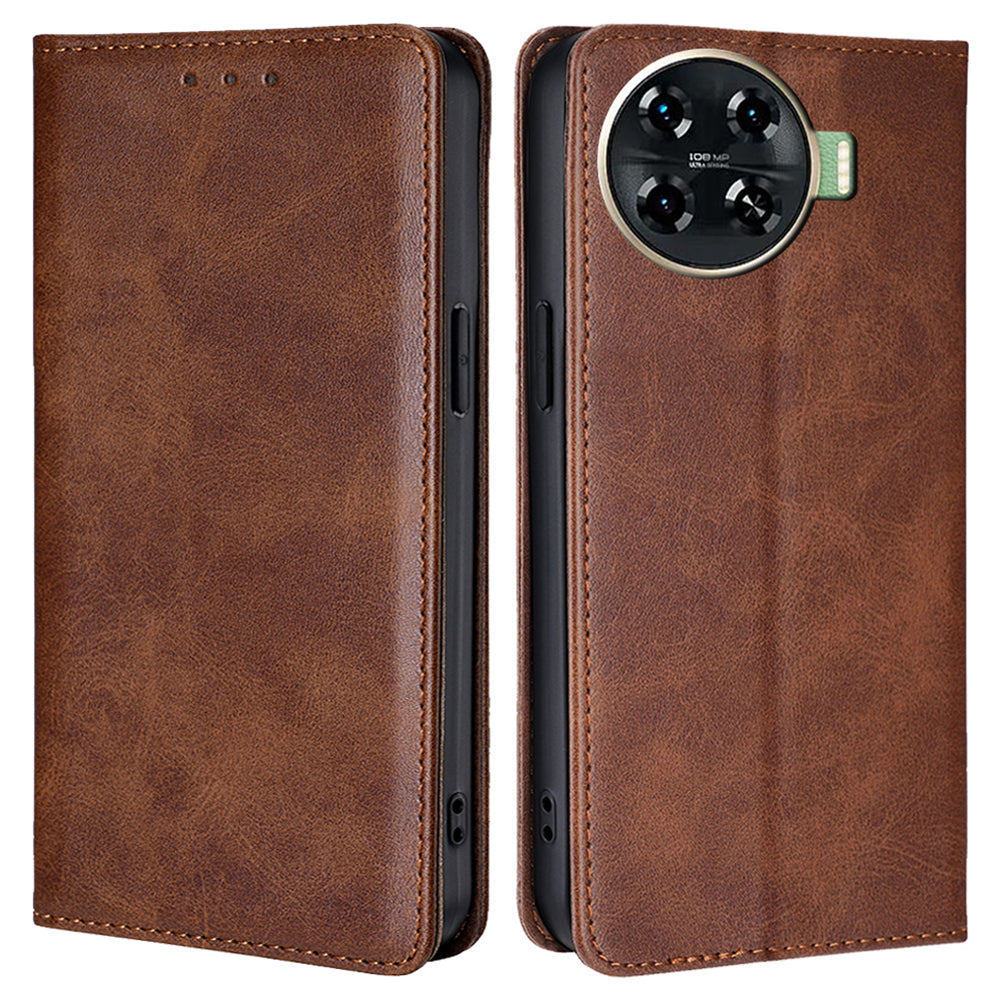 For Transsion Tecno Spark 20 Pro+ Case Calf Texture Leather Wallet Cover Magnetic Closing - Brown