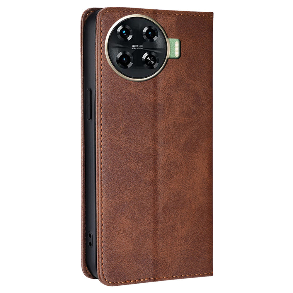For Transsion Tecno Spark 20 Pro+ Case Calf Texture Leather Wallet Cover Magnetic Closing - Brown