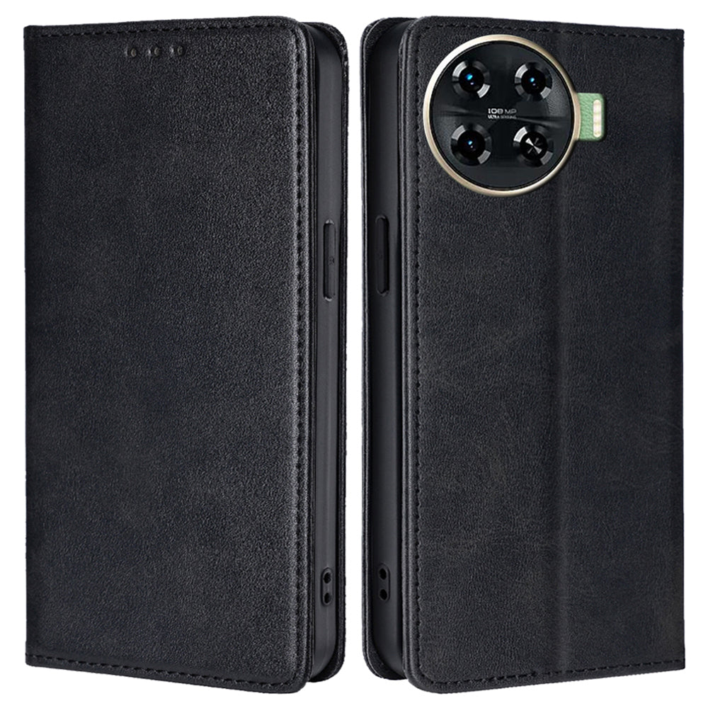 For Transsion Tecno Spark 20 Pro+ Case Calf Texture Leather Wallet Cover Magnetic Closing - Black