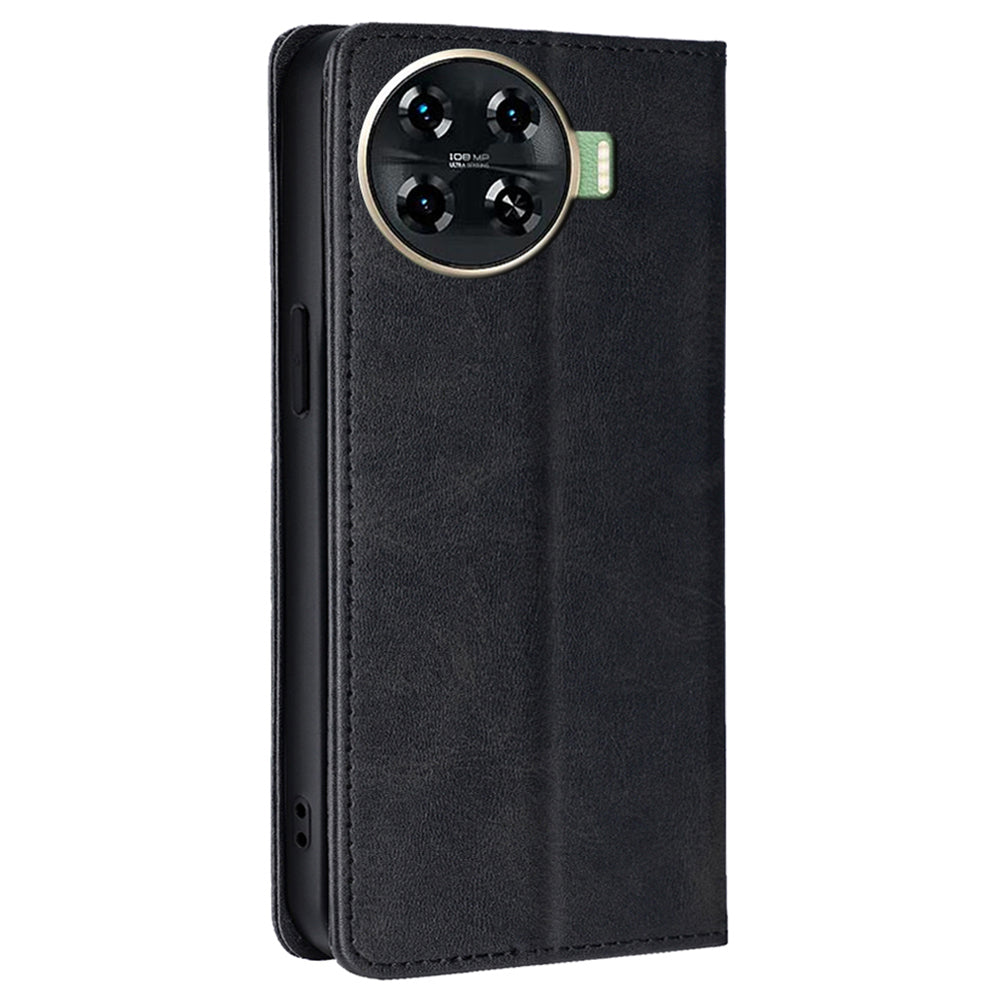 For Transsion Tecno Spark 20 Pro+ Case Calf Texture Leather Wallet Cover Magnetic Closing - Black