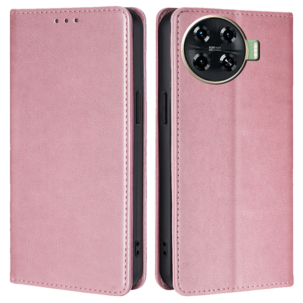 For Transsion Tecno Spark 20 Pro+ Case Calf Texture Leather Wallet Cover Magnetic Closing - Rose Gold