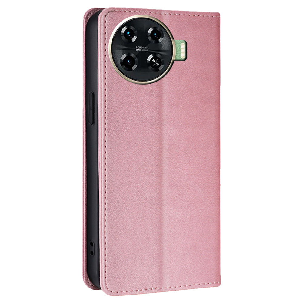 For Transsion Tecno Spark 20 Pro+ Case Calf Texture Leather Wallet Cover Magnetic Closing - Rose Gold