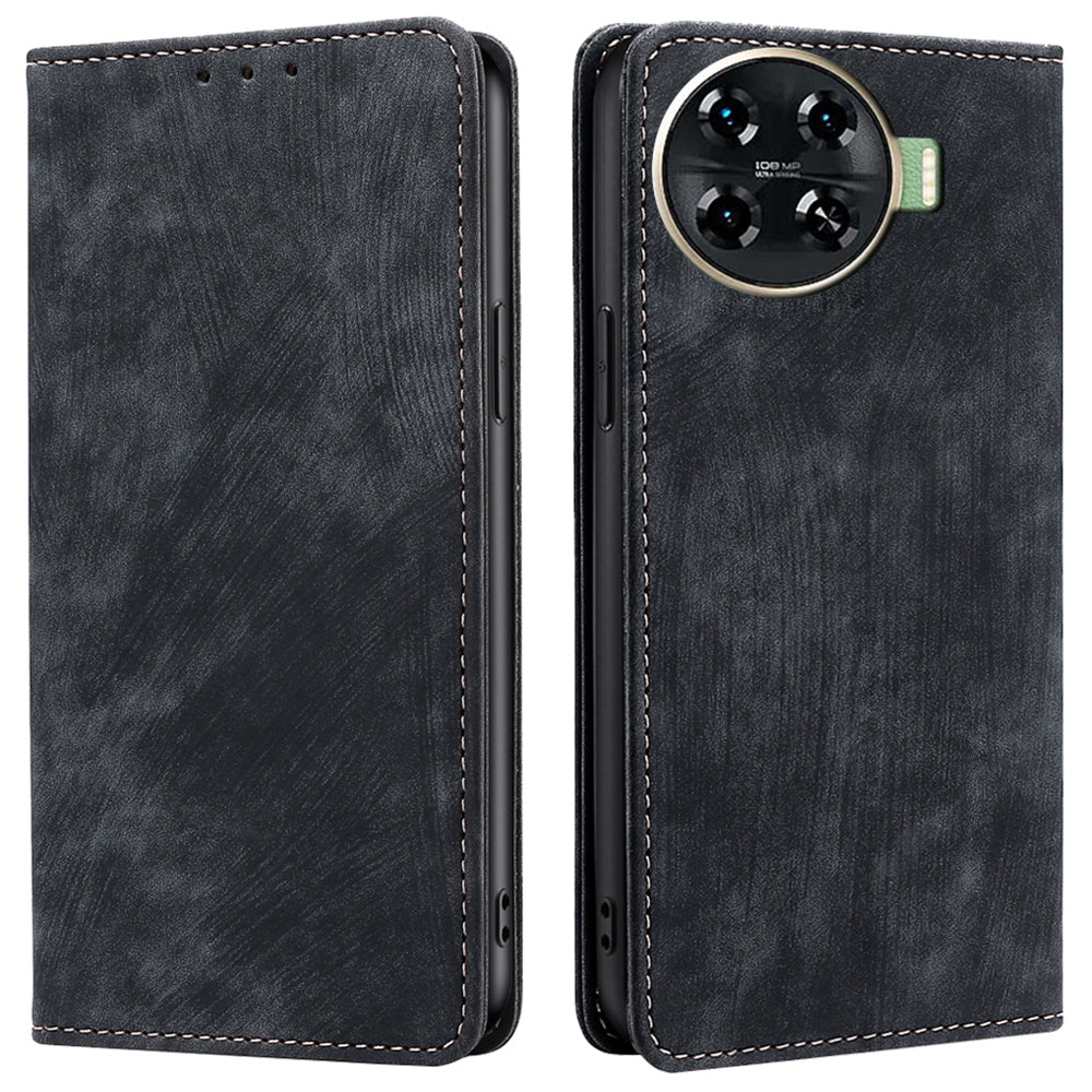 For Transsion Tecno Spark 20 Pro+ Case Anti-Scratch PU Leather Shell RFID Blocking Wallet Cell Phone Cover - Black