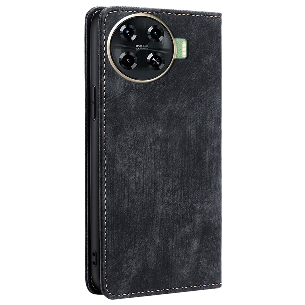 For Transsion Tecno Spark 20 Pro+ Case Anti-Scratch PU Leather Shell RFID Blocking Wallet Cell Phone Cover - Black
