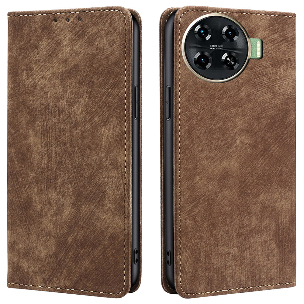 For Transsion Tecno Spark 20 Pro+ Case Anti-Scratch PU Leather Shell RFID Blocking Wallet Cell Phone Cover - Brown