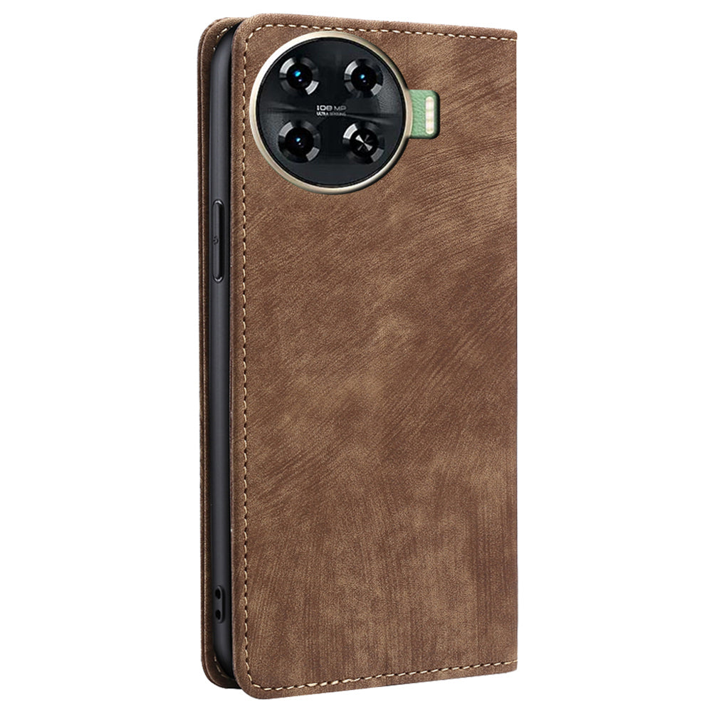 For Transsion Tecno Spark 20 Pro+ Case Anti-Scratch PU Leather Shell RFID Blocking Wallet Cell Phone Cover - Brown