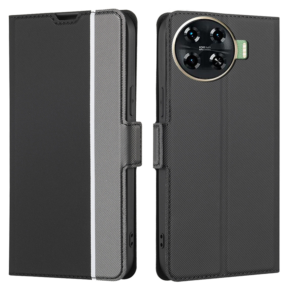 For Transsion Tecno Spark 20 Pro+ Case Twill Texture Side Clasps PU Leather Phone Cover - Black