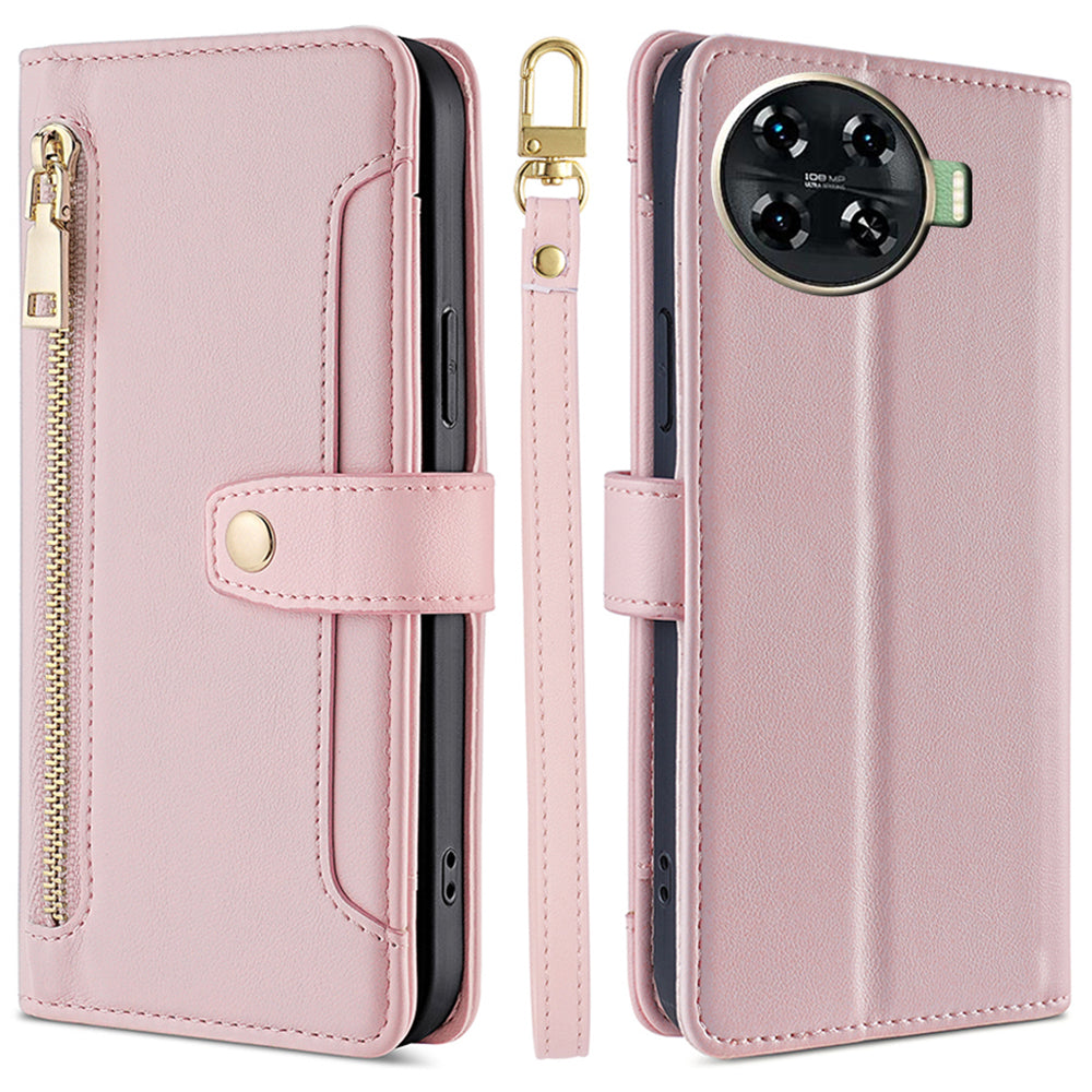 For Transsion Tecno Spark 20 Pro+ Anti-fall Case Zipper Pocket Leather Phone Cover with 2 Straps - Pink
