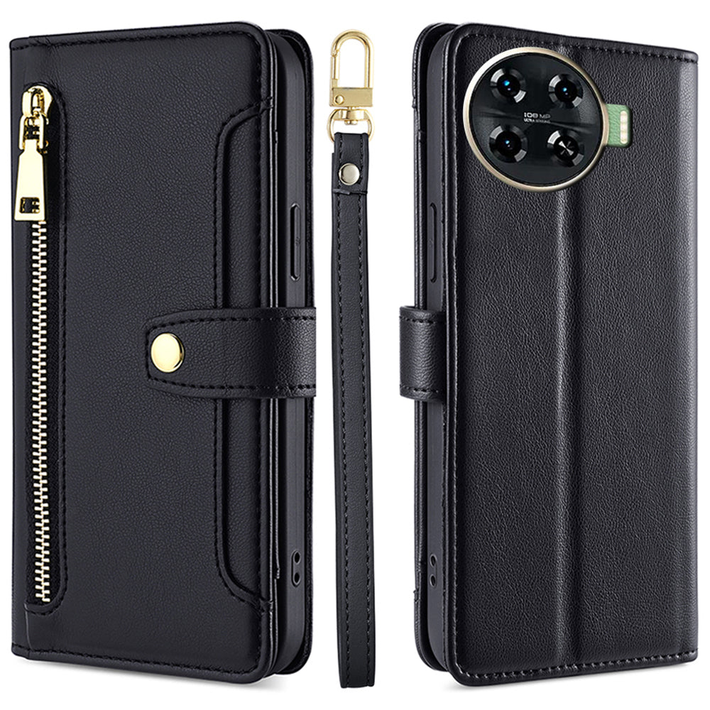 For Transsion Tecno Spark 20 Pro+ Anti-fall Case Zipper Pocket Leather Phone Cover with 2 Straps - Black