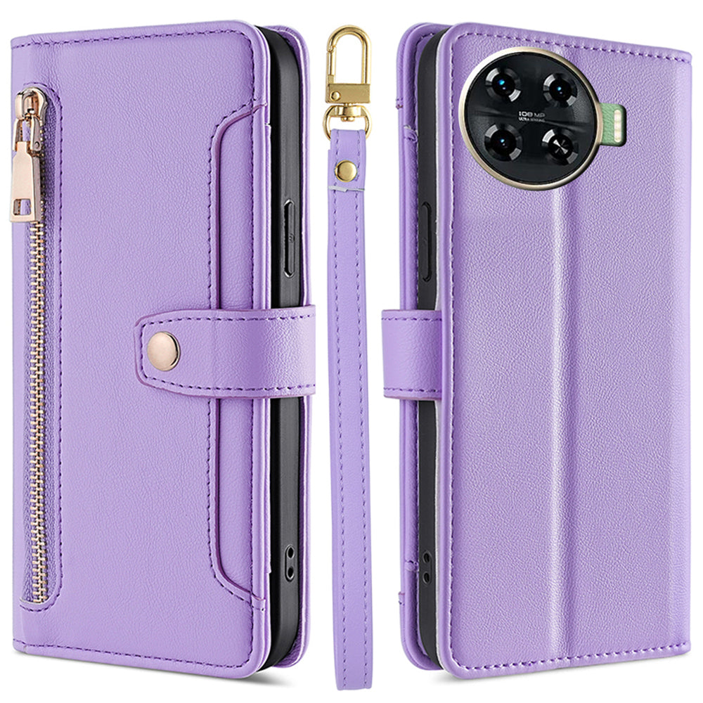 For Transsion Tecno Spark 20 Pro+ Anti-fall Case Zipper Pocket Leather Phone Cover with 2 Straps - Purple
