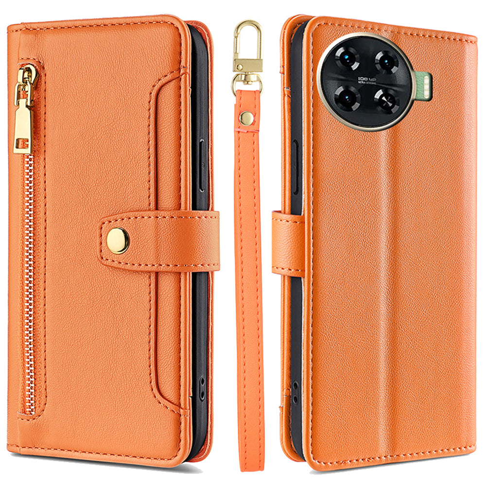 For Transsion Tecno Spark 20 Pro+ Anti-fall Case Zipper Pocket Leather Phone Cover with 2 Straps - Orange
