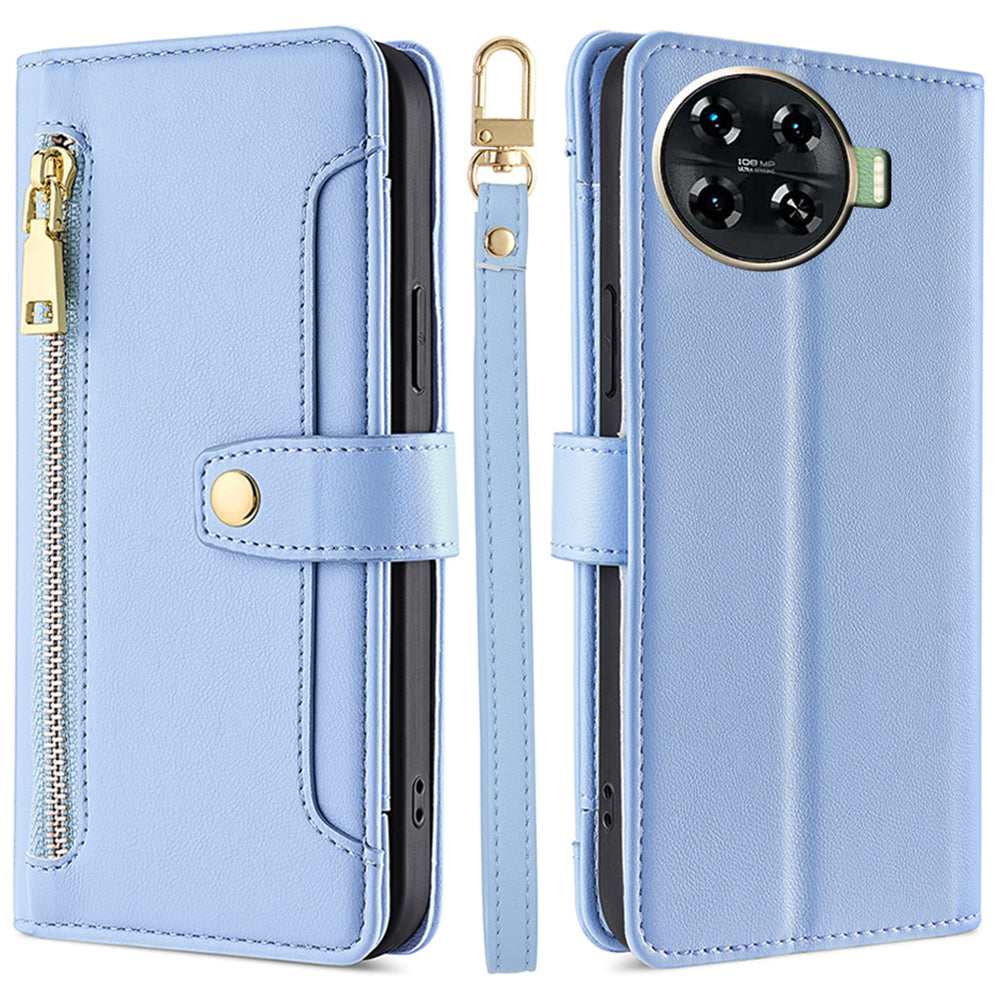 For Transsion Tecno Spark 20 Pro+ Anti-fall Case Zipper Pocket Leather Phone Cover with 2 Straps - Blue