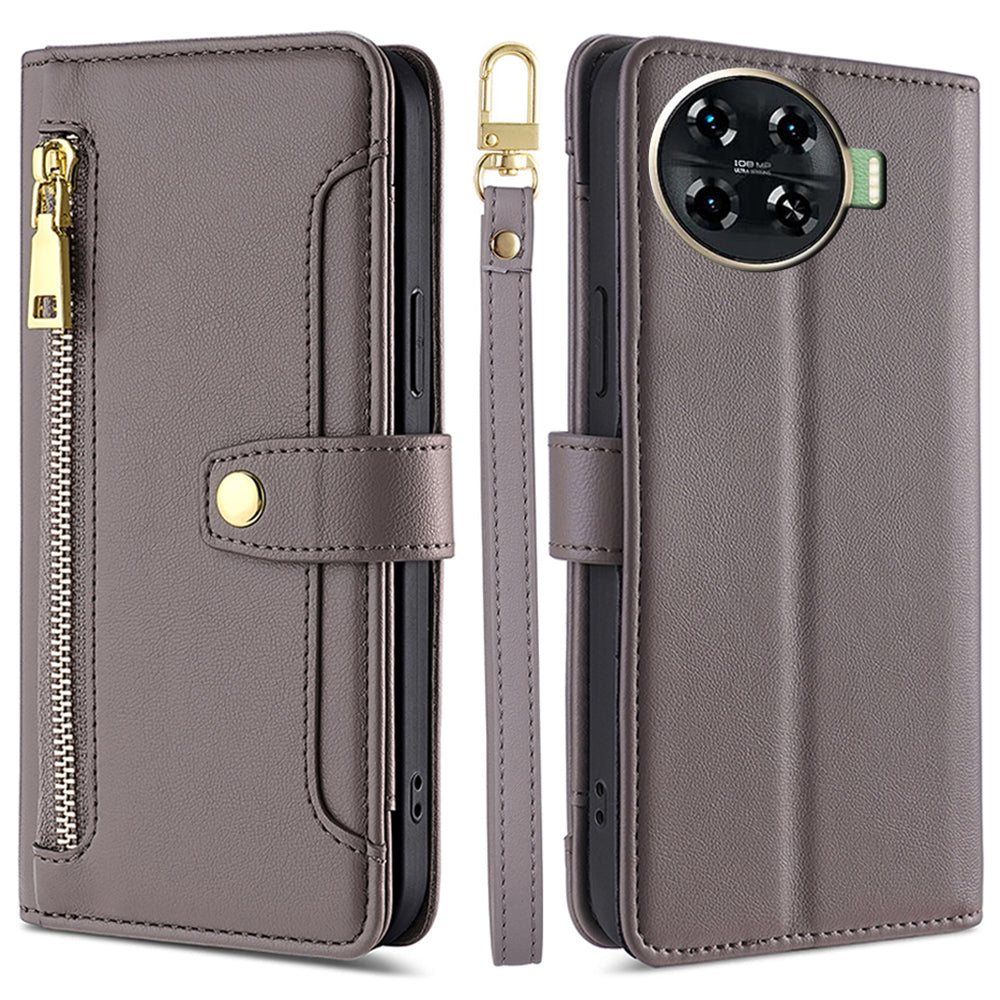 For Transsion Tecno Spark 20 Pro+ Anti-fall Case Zipper Pocket Leather Phone Cover with 2 Straps - Grey