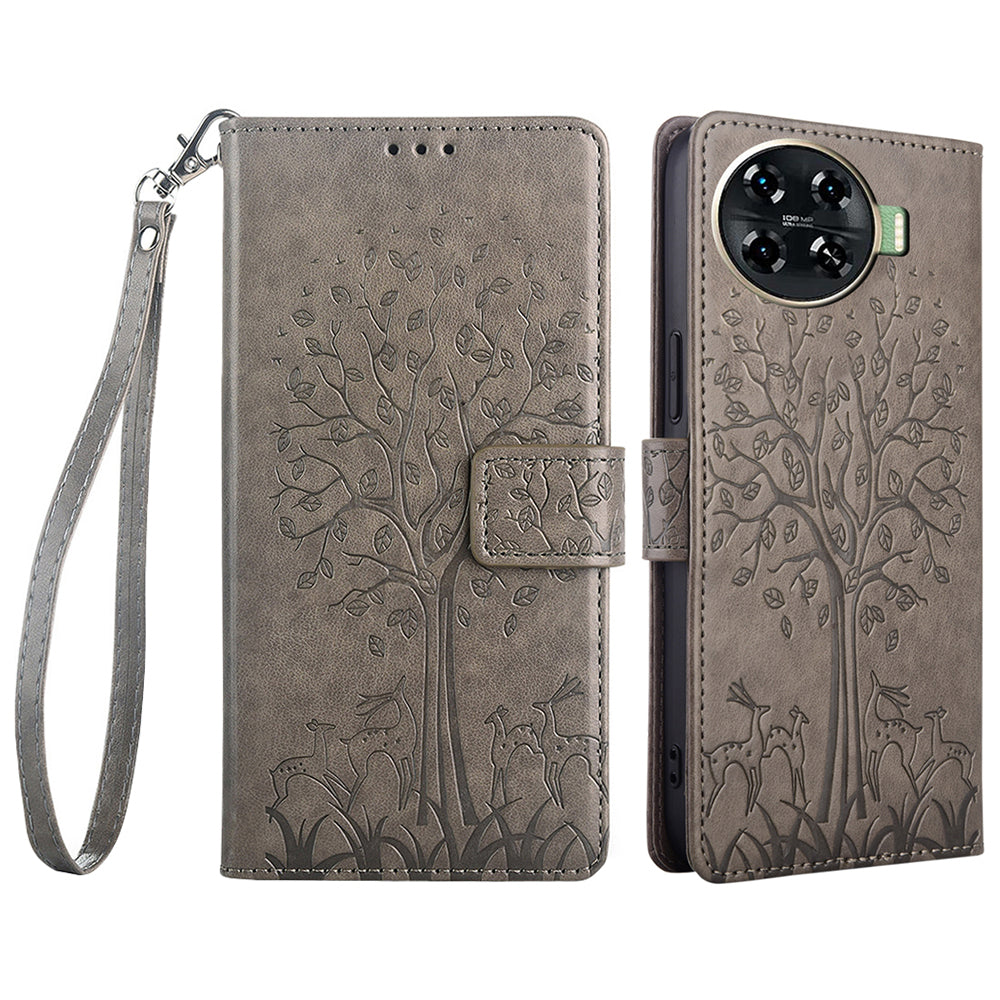For Transsion Tecno Spark 20 Pro+ Case Tree Imprinted Wallet Stand Leather Phone Cover - Grey