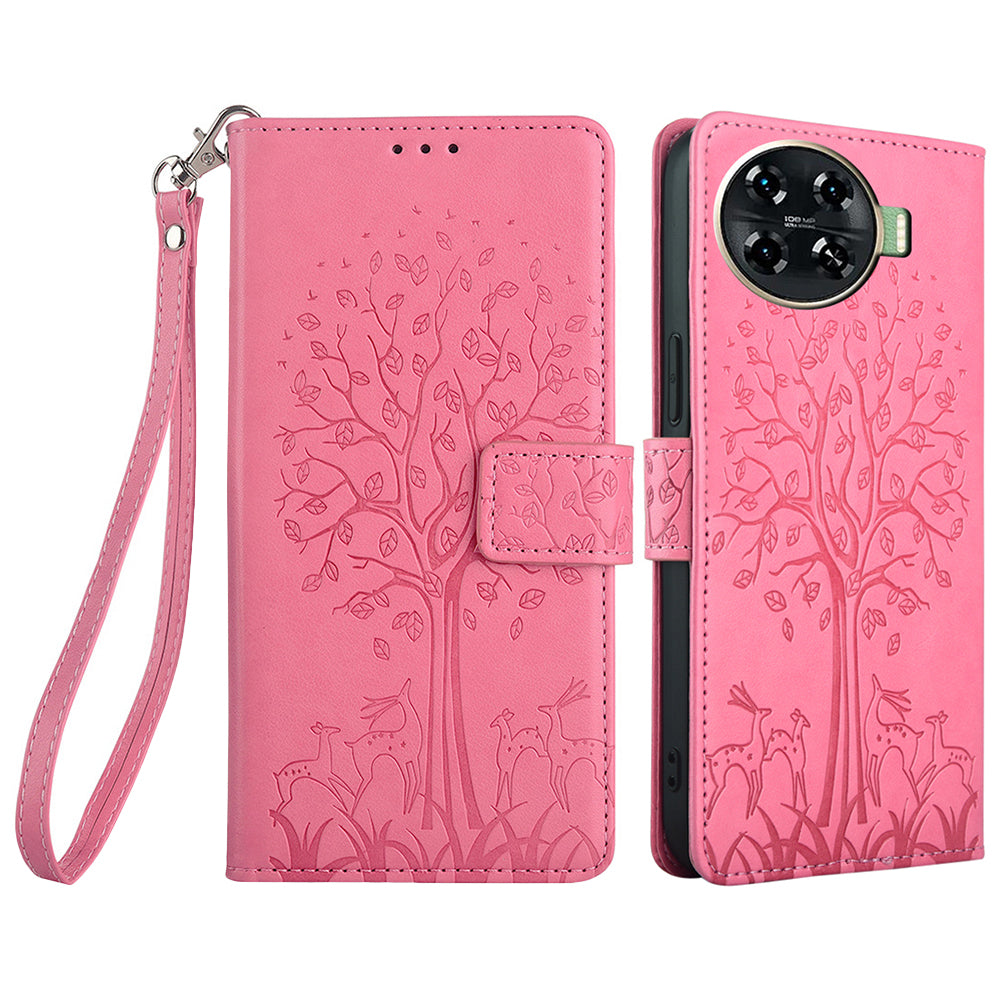 For Transsion Tecno Spark 20 Pro+ Case Tree Imprinted Wallet Stand Leather Phone Cover - Pink