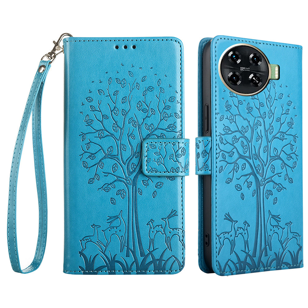 For Transsion Tecno Spark 20 Pro+ Case Tree Imprinted Wallet Stand Leather Phone Cover - Blue