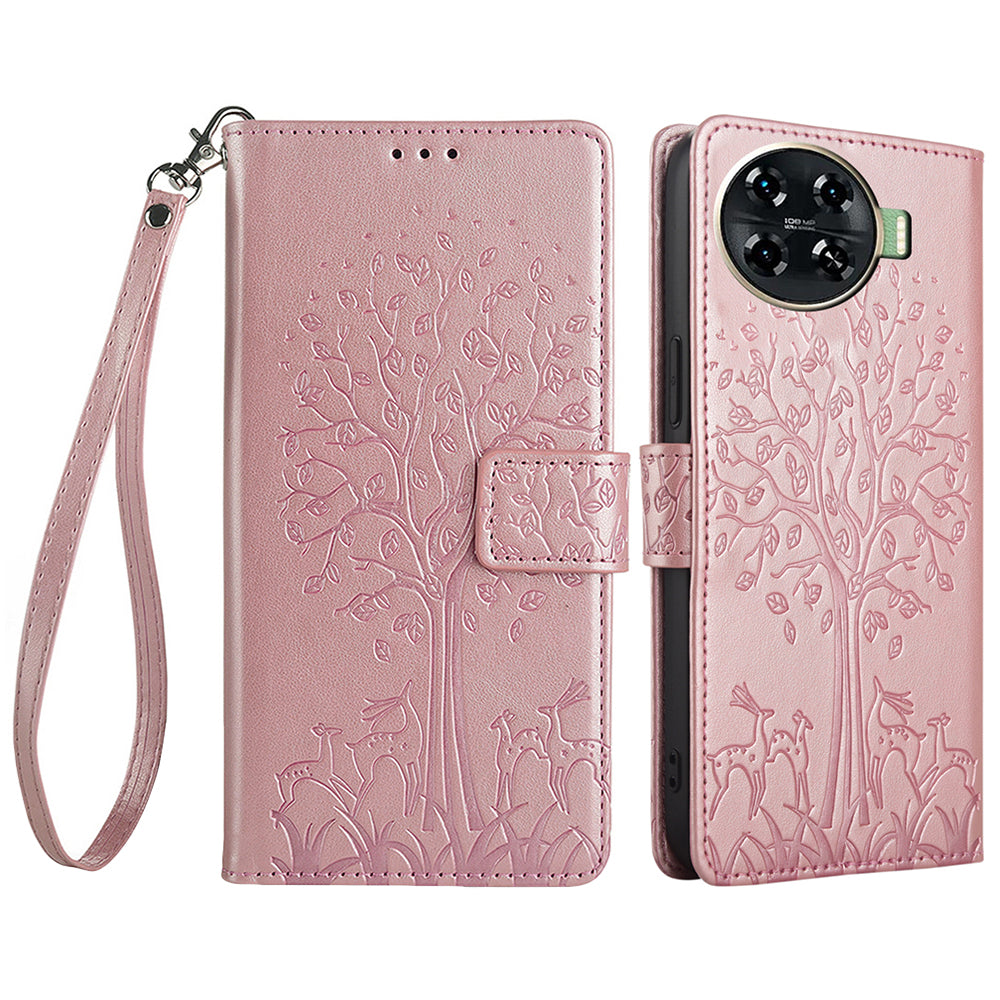 For Transsion Tecno Spark 20 Pro+ Case Tree Imprinted Wallet Stand Leather Phone Cover - Rose Gold