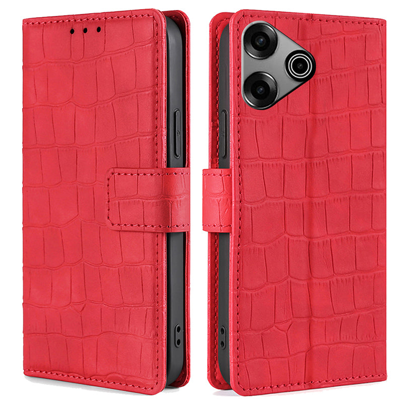 For Transsion Tecno Pova 6 Pro 5G Phone Case Wallet Stand Crocodile Texture Leather Cover - Red