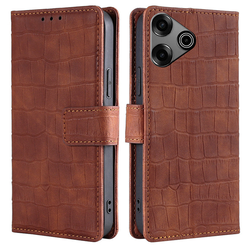 For Transsion Tecno Pova 6 Pro 5G Phone Case Wallet Stand Crocodile Texture Leather Cover - Brown