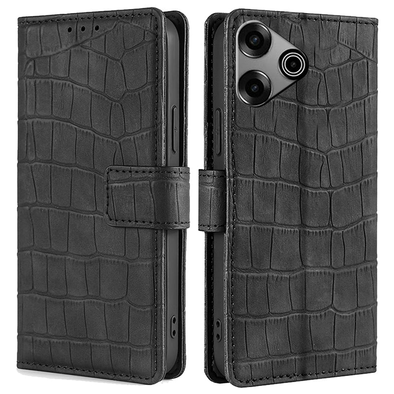 For Transsion Tecno Pova 6 Pro 5G Phone Case Wallet Stand Crocodile Texture Leather Cover - Black